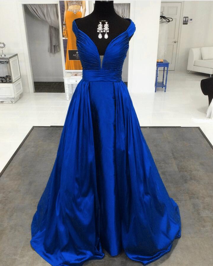 Royal Blue Satin Formal Prom Dress A Line Ruffle Women Pageant Gowns Floor Length Party Dresses