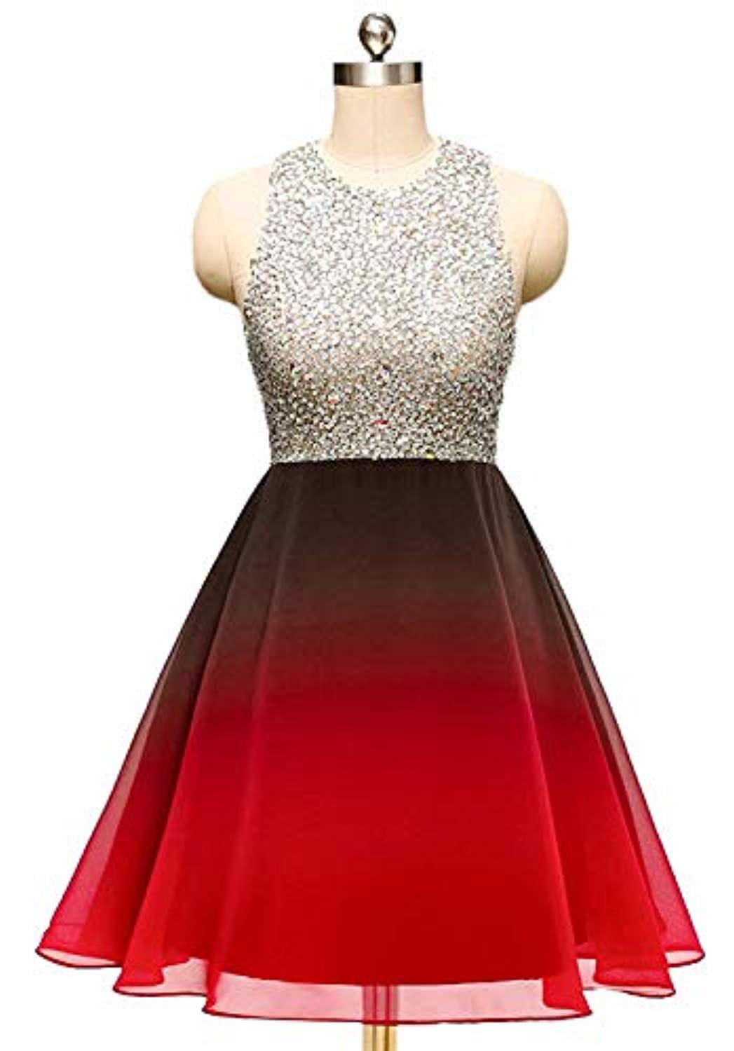 Luxury Beaded Crystal Gradient Short Homecoming Dress Scoop Neck Mini Cocktail Party Gowns ,above Length Junior Party Gowns