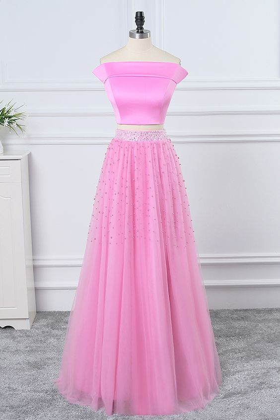 Charming A Line Pink Beaded Tulle Long Prom Dresses Off Shoulder Two Pieces Women Homecoming Dresses, Two Pieces Cocktail Party Gowns