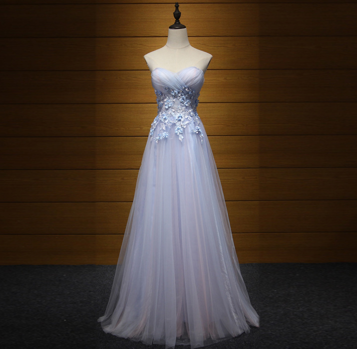 A Line Light Blue Long Prom Dress With Lace Floral Women Prom Party Gowns , Formal Evening Dress
