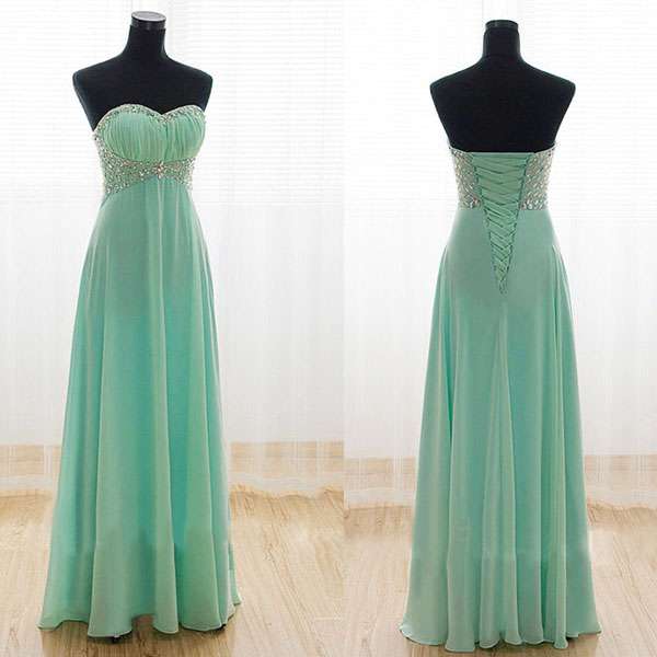 Sexy A Line Mint Green Chiffon Beaded Long Prom Dress Custom Made Women Pageant Gowns , Sexy Long Bridesmaid Dress