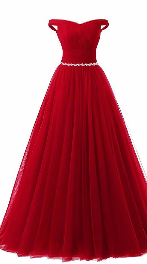 Off Shoulder Red Tulle Long Prom Dress Beaded Sweetheart Prom Party Gowns , Formal Evening Dress .