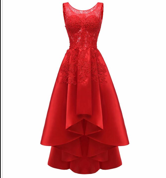 Fashiom A Line Red Lace High Low Prom Dresses Custom Made O-neck Prom Party Gowns ,women Pageant Gowns