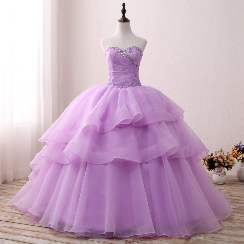 Fashion Sexy Lavender Organza Beaded Ball Gowns Prom Dresses Sweet Junior Party Gowns Pricess Quinceanera Dresses