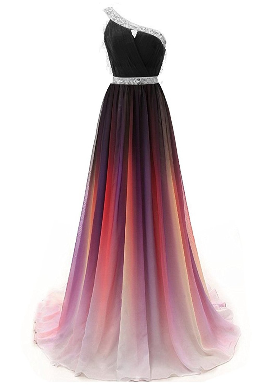 Sexy One Shoulder Beaded Gradient Long Prom Dress Plus Size Formal Evening Dress , Women Party Gowns