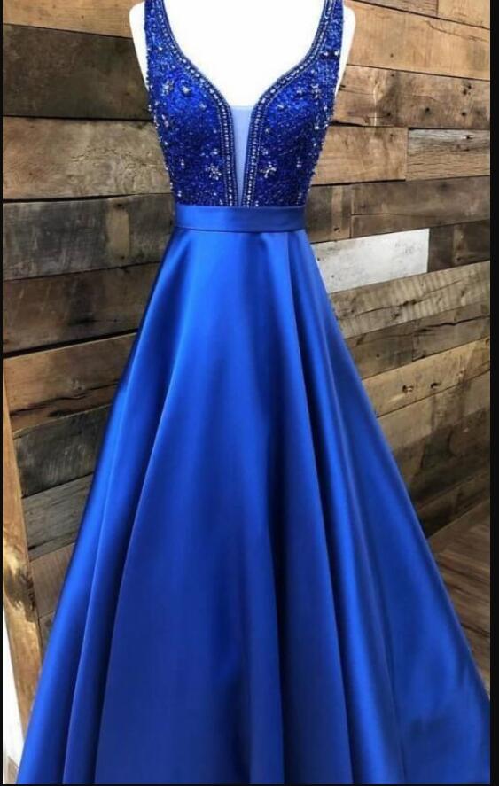 Custom Made A Line Royal Blue Lace Prom Dress Beaded Women Party Gowns ,long Prom Gowns ,formal Evening Dress 2019