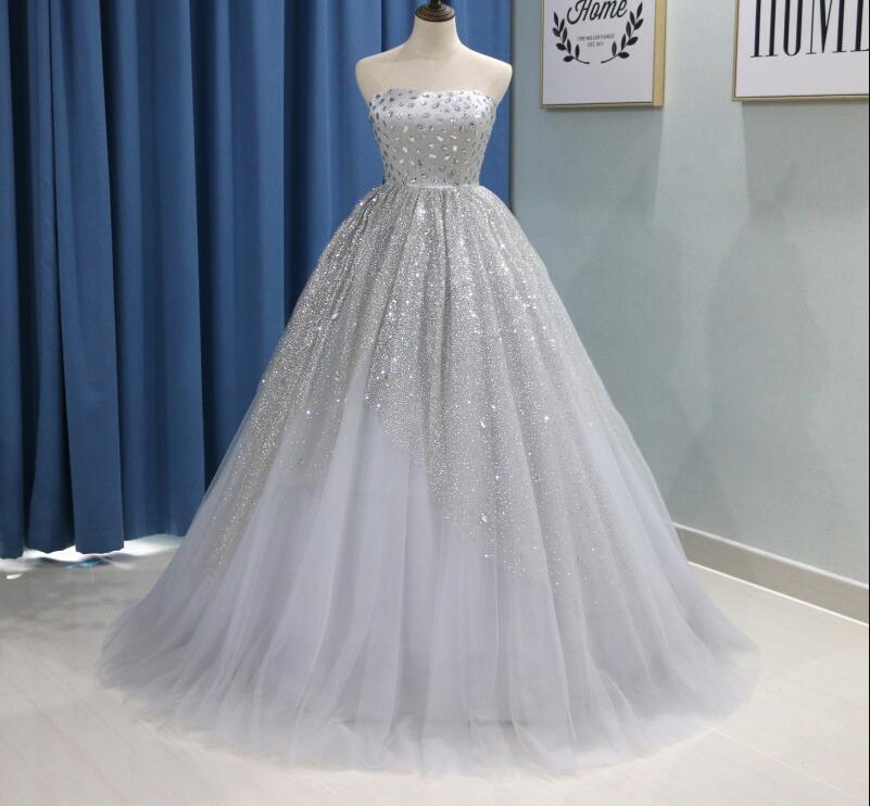 Luxury Silver Grey Puffy Ball Gown Quinceanera Dresses 2019 Vestidos De 15 Anos Strapless Crystal Long Tulle Sweet 16 Dresses, Long Prom Gowns