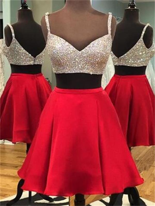 Charming Beaded Two Pieces Red Satin Short Homecoming Dress, Junior Party Gowns ,wedding Party Gowns ,short Cocktail Gowns