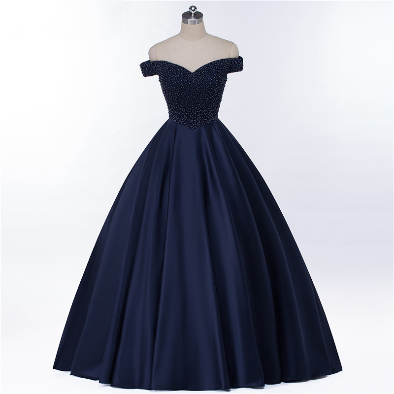 Navy Blue Beaded Satin A Line Long Prom Dresses Off Shoulder Sweet Prom Party Gowns Luxury Women Quinceanera Party Gowns