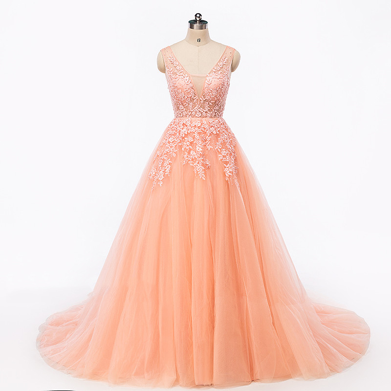 Fashion Sexy Backless Orange Lace Beaded Long Prom Dresses Crew-neck Formal Evening Dress A Line Pageant Party Gowns 2019