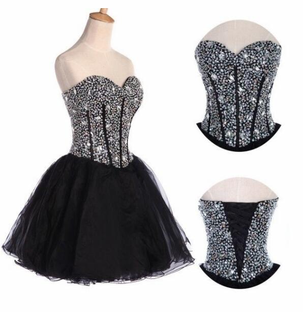 Luxury Black Beaded Crystal Short Homecoming Dress, Sweet 16 Prom Gowns Short , Junior Party Dress, White Cocktail Dress For Little Girls