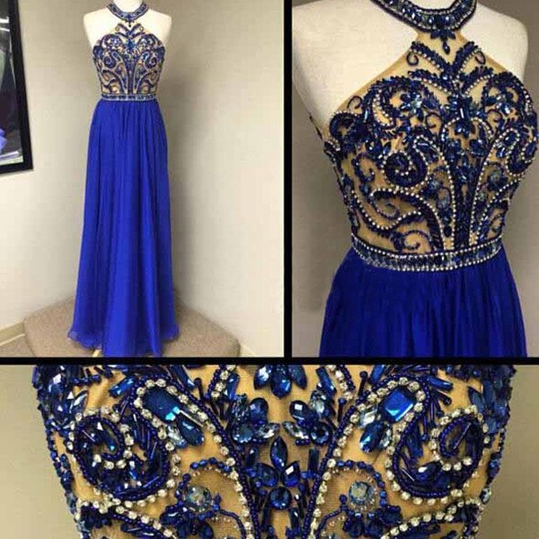 Charming A Line Beaded Crystal Royal Blue Long Prom Dress Halter Neck Prom Party Gowns Women Pageant Gowns