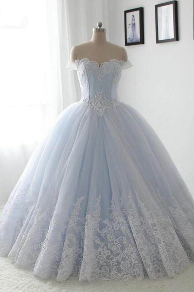 Custom Made Light Sky Blue Ball Gown Lace Prom Dresses Sweet Lace Quinceanera Dress ,sexy Puffy Women Party Dress