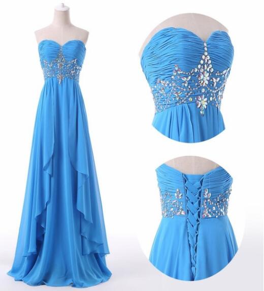 Floor Length Turquoise Chiffon Beaded Ruffle Long Prom Dress Sweet Prom Party Gowns Plus Size Women Evening Dresses