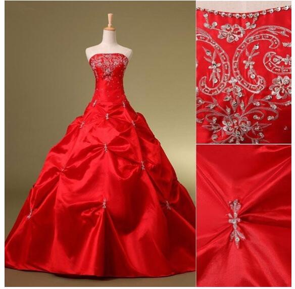 Off Shoulder Red Taffeta Ball Gown Wedding Dresses Embroidery Beaded Wedding Gowns Custom Made Bridal Party Gowns