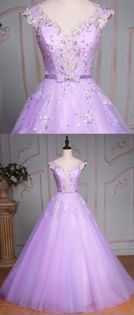 Custom Made Sexy Light Lavender Tulle Ball Gown Quinceanera Dress With Lace Appliqued ,wedding Prom Gowns