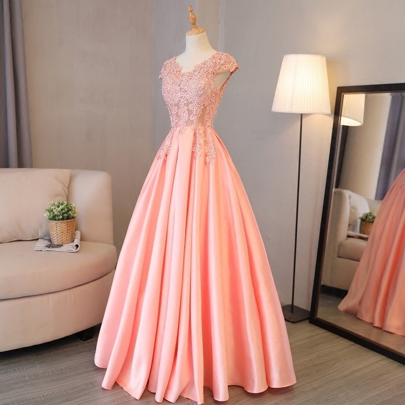 Elegant Coral Lace Appliqued Long Prom Party Dresses Women Pageant Gows, Women Party Gowns