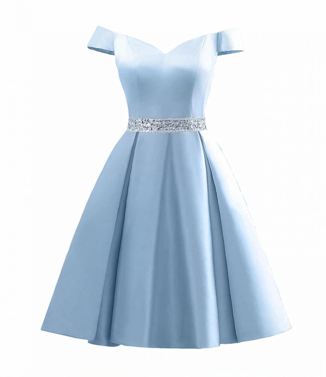 Cheapp Sky Blue Satin Beaded Short Homecoming Dress Above Length Mini Prom Party Gowns ,custom Made Cocktail Gowns Short With Beaded