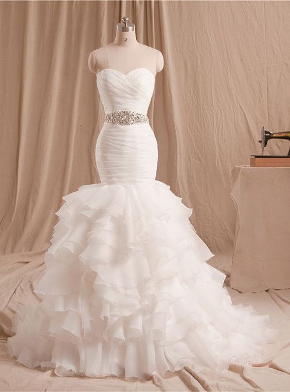 Plus Size White Organza Ruffle Mermaid Wedding Dress Custom Made China Long Wedding Gowns,Cheap Women Bridal Gowns 