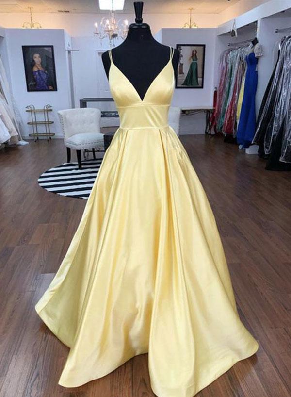 Sexy A Line Light Yellow Satin Long Prom Dress Strapless Prom Gowns , Prom Dress, Wedding Pageant Gowns