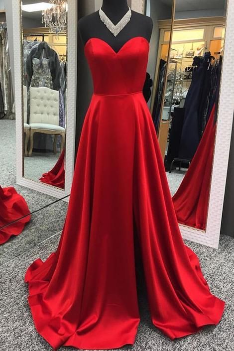 Red Satin Formal Evening Dress A Line Wedding Party Gowns , Prom Gowns 2019