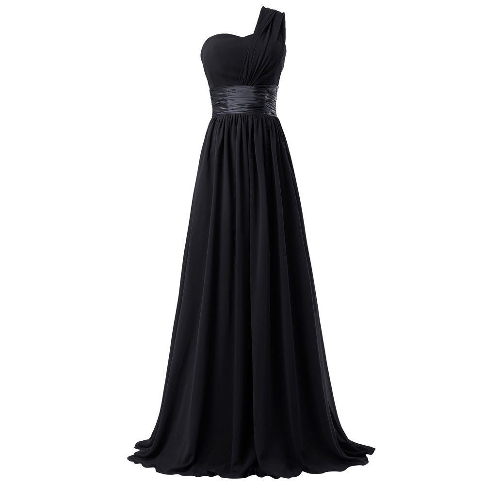Sexy A Line Black Chiffon Ruffle Long Prom Dresses One Shoulder Women Party Gowns , Bridesmaid Dress