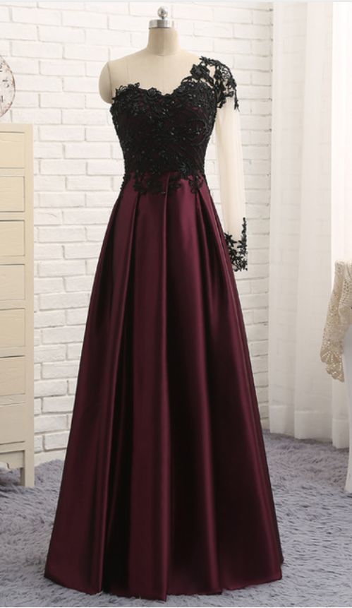 Sexy A Line Burgundy Satin Long Prom Dresses With One Shoulder Long Sleeve , Formal Evening Dress