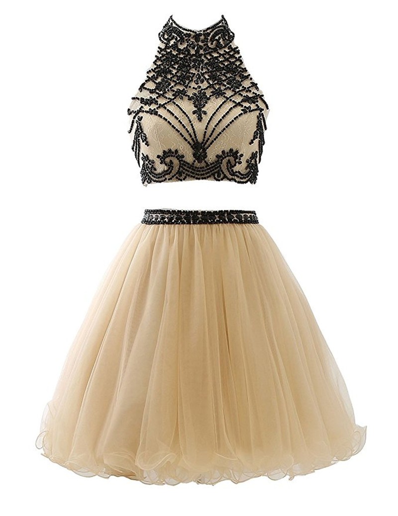 Sexy Beaded Two Pieces Champagne Tulle Short Homecoming Dress A Line Mini Cocktail Party Gowns ,custom Made Prom Gowns