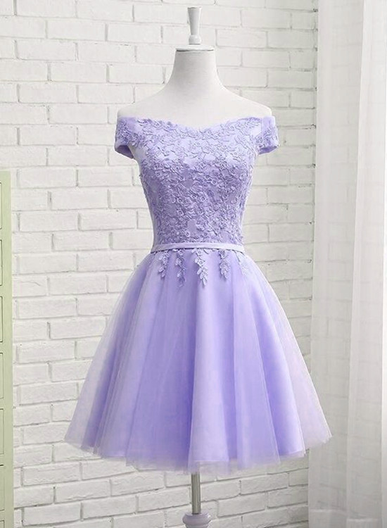 A Line Lavender Tulle Prom Dress Short For Women Party Homecoming Dress With Appliqued ,wedding Guest Gowns