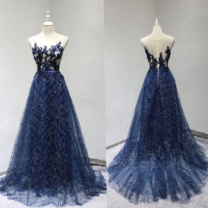 Sheer Neck Navy Blue Sequin Prom Dress A Line Strapless Evening Dress, Long Pageant Gowns . Formal Dress