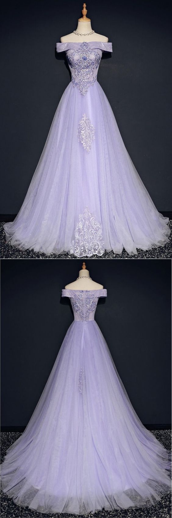 Off Shoulder Lavender Lace Long Prom Dress Custom Made Women Party Gowns , Formal Evening Dress, Floor Length Tulle Pageant Gowns 2019