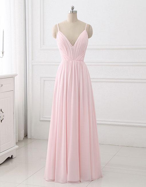Sexy Floor Length Pink Chiffon Ruffle Long Bridesmaid Dress Custom Made Spaghetti Strap Prom Dress, Prom Party Gowns