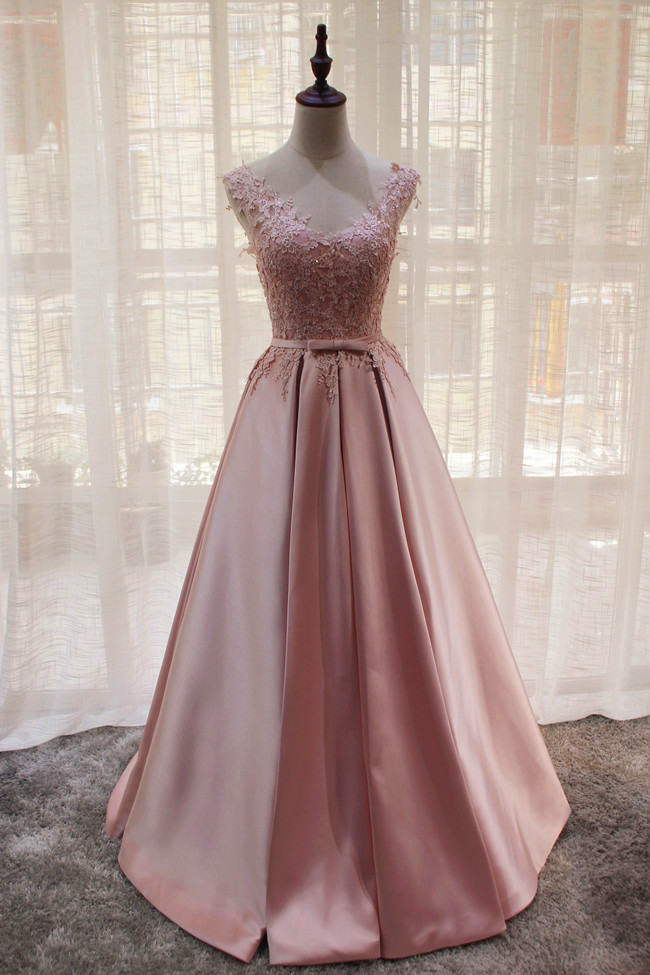 Floor Length Pink Lace Appliqued Long Prom Dress 2019 Wedding Party Gowns A Line Evening Dress, Formal Dress 2019