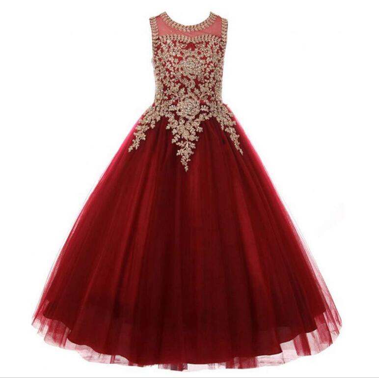 Charming Burgundy Tulle Wedding Flower Girls Dresses A Line Scoop Neck Long Prom Party Gowns With Gold Lace Appliqued, A Line Kids Party Dress,