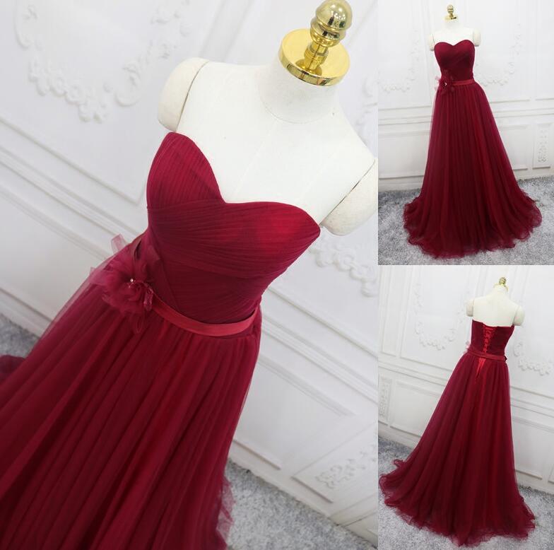 Simple Burgundy Tulle Ruches Long Prom Dress Sweetheart Women Gowns ,plus Size Women Gowns , A Line Pageant Dress