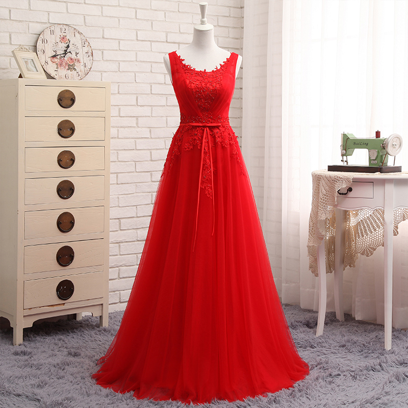 Elegant Red Lace Prom Dress With Ribbon 2020 Women Gowns Simple Wedding Party Gowns ,long Bridesmaid Dress