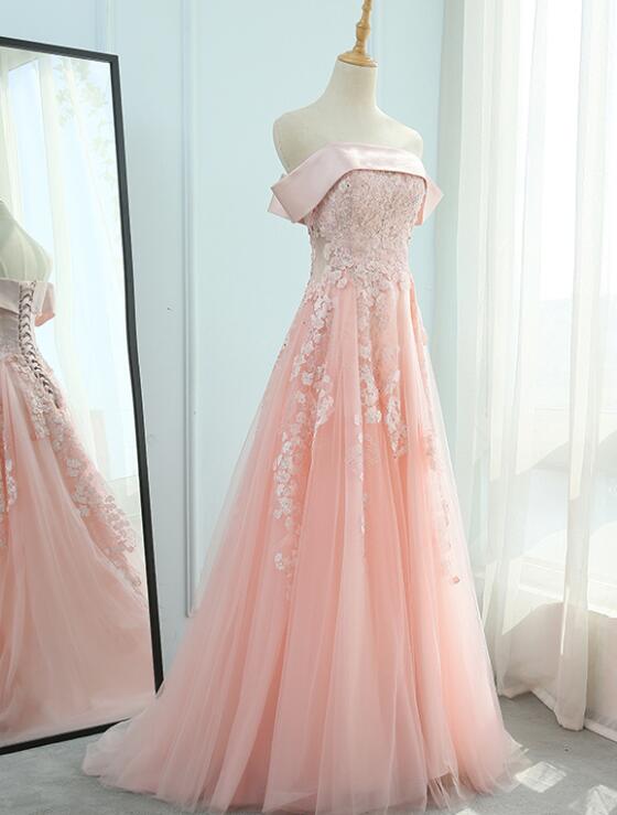Sexy A Line Light Pink Tulle Prom Dress With Appliqued Women Prom Party Gowns , Custom Made Formal Evening Dress