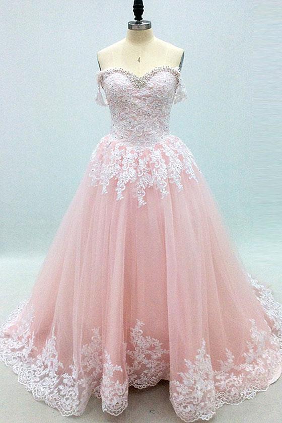 Women Evening Dress Pink Tulle Lace Prom Party Dresses Sweet Women Pageant Gowns , Evening Dress 2019