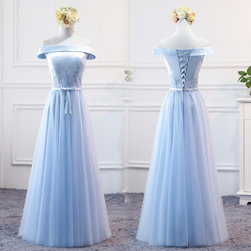 Light Blue Lace Formal Evening Dress A Line Tulle Evening Party Gowns , Sexy Long Bridesmaid Dress, Off Shoulder Prom Gowns 2019