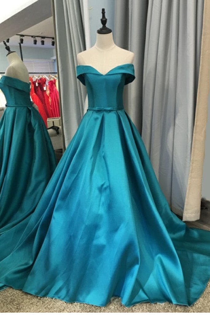 Simple A Line Off Shoulder Long Prom Dresses Custom Made Prom Party Gowns , Prom Dresses 2019