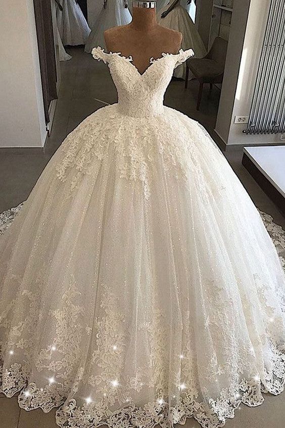 Ball Gown White Lace Wedding Dresses Off Shoulder Women Bridal Gowns , Wedding Gowns 2019