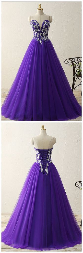 Off Shoulder Purple Tulle A Line Long Prom Dresses With Appliqued Custom Made Sweet 15 Prom Gowns ,ball Gown Quinceanera Party Gowns 2019