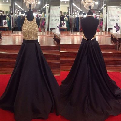 Charming Backless Beaded Top Halter A Line Black Satin Long Prom Dress Strapless Prom Party Gowns Custom Made Women Gowns 2019