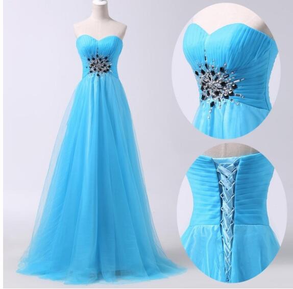 Sexy Blue Ruffle Long Prom Dress Beaded Strapless Women Prom Gowns , A Line Evening Dress, Wedding Guest Gowns