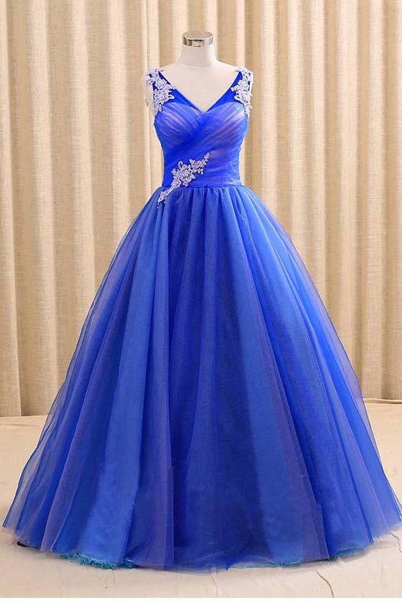 Royal Blue Tulle A Line Prom Dress V-neck Prom Party Gowns , Sexy Ball Gown Quinceanera Dress ,plus Size Prom Gowns 2019