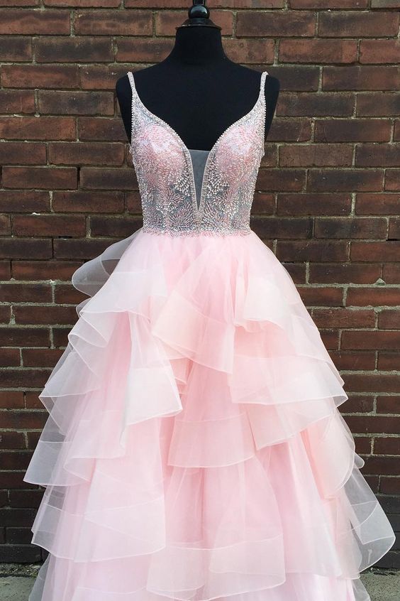 Plus Size Pink Tulle Beaded Ruffle Long Prom Dress, Sweet 16 Prom Gowns