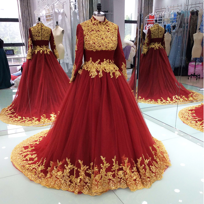 Burgundy Tulle Muslim Evening Dress With Gold Lace Appliqued Formal Evening Dresses Custom Made Women Gowns