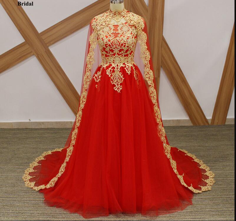 Custom Made Red Tulle Long Prom Dress With Gold Lace Appliqued Plus Size Formal Women Party Gowns , Wedding Party Gowns 2019