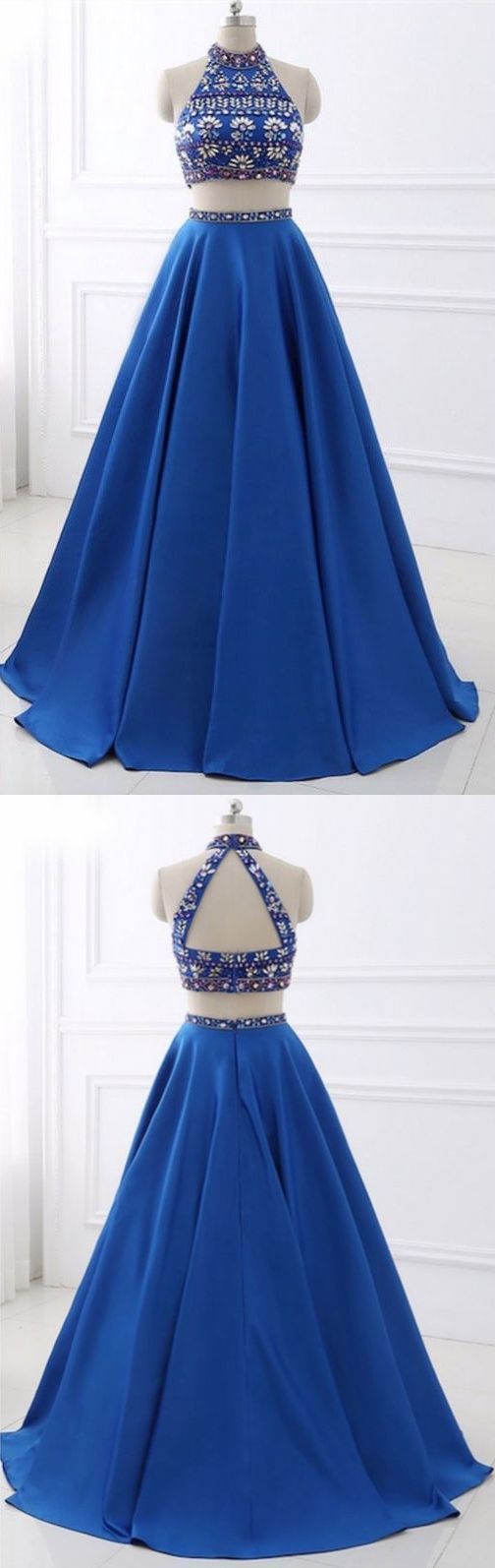Elegant Two Pieces Royal Blue Satin Long Prom Dress A Line Prom Party Gowns Formal Homecoming Party Dresses
