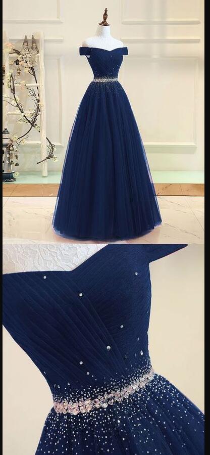 Charming Dark Blue Tulle Beaded Ruffle A Line Prom Dress , Off Shoulder Formal Gowns , Formal Evening Dress